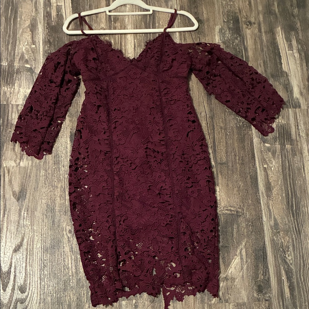 Astr Burgundy Lace Long Sleeve Dress